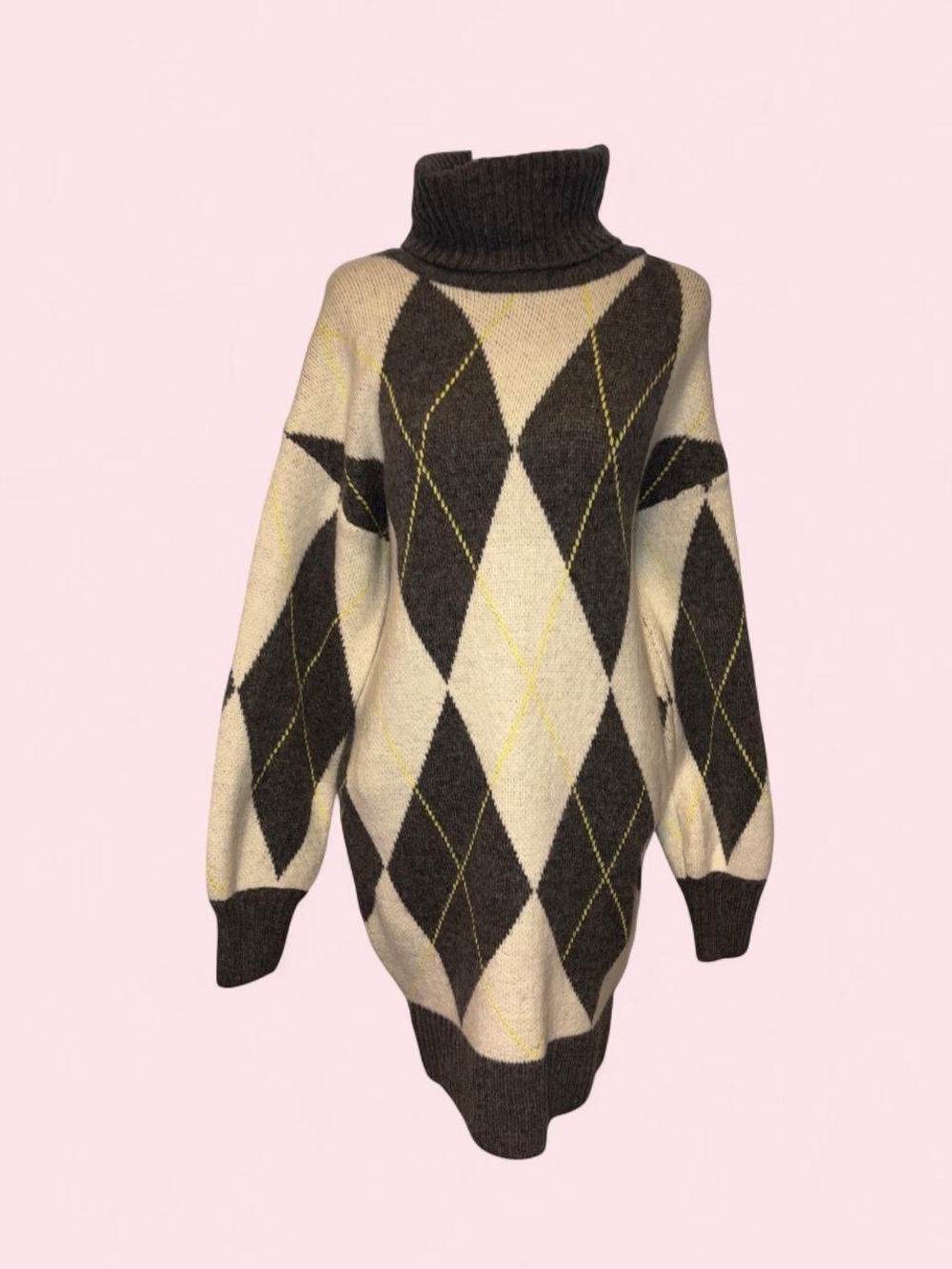 Cozy Argyle Turtleneck Sweater Dress